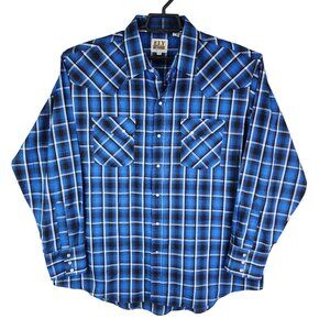 Mens Ely Cattleman Blue & Black Plaid Western Shirt Pearl Snap Button Down XL